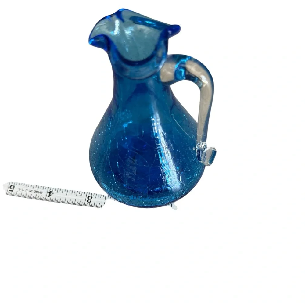 Vintage crackle glass Blue Pilgrim Hand Blown Small Pitcher